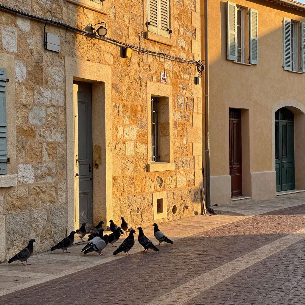 Honeyed Evening Light on Nice French Street with Pigeons and Sun Hats in in Nice, France