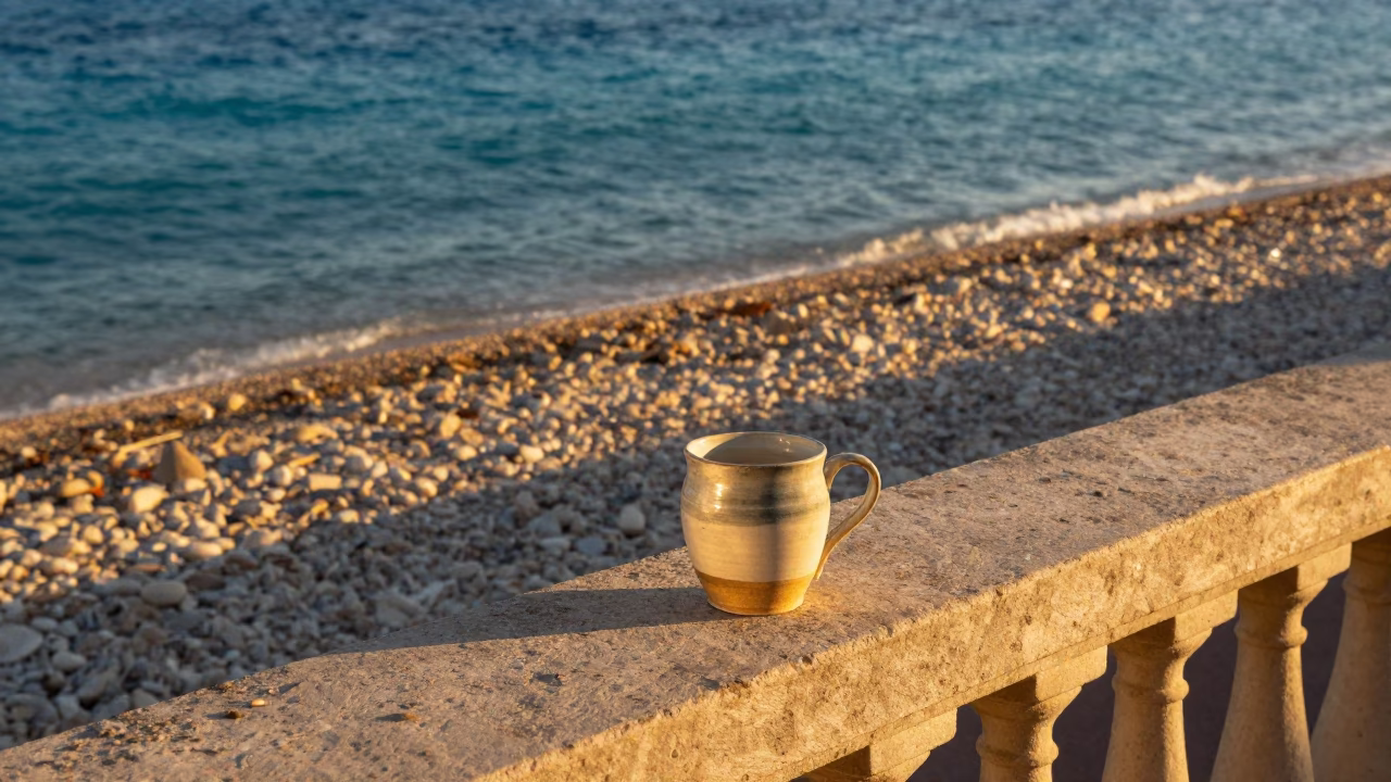 Honeyed Evening Light on Nice Promenade with Ceramic Cup and Pocket Watch in in Nice, France