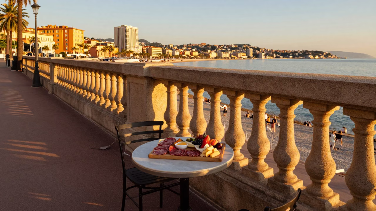 Honeyed Evening Light on Nice Promenade with Charcuterie Board and Ivy Vines in in Nice, France