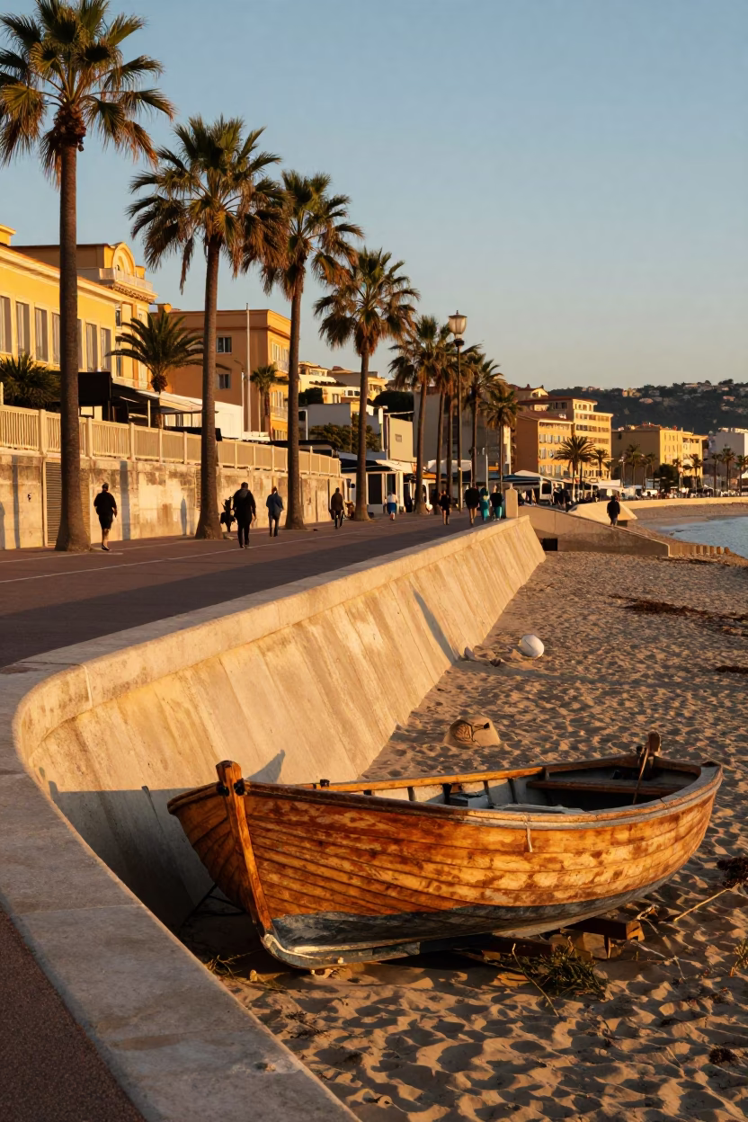 Honeyed Evening Light on Nice Promenade with Wooden Fishing Boat and Pollen on Rail in in Nice, France