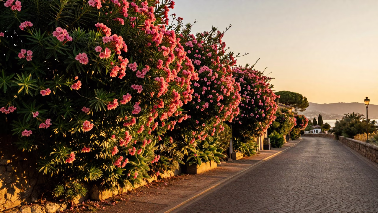 Honeyed Evening Light on Oleander Hedge Along Mediterranean Lane in Nice France in in Nice, France