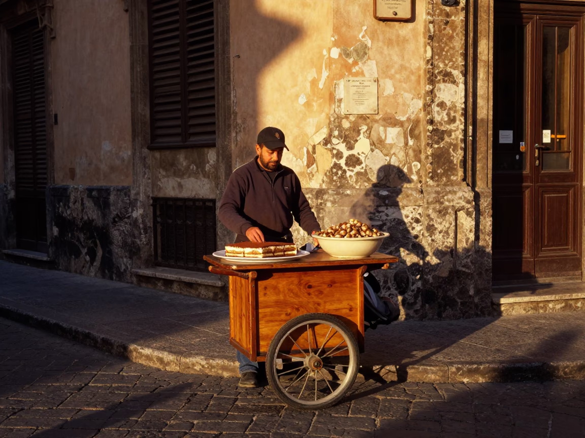 Honeyed Evening Light on Palermo Street Corner with Tiramisu and Bean Stew in in Palermo, Italy