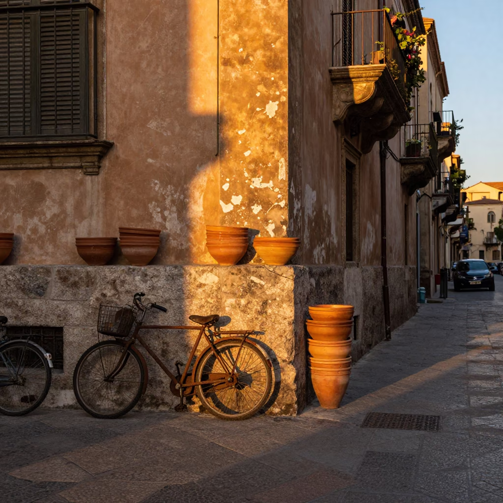 Honeyed Evening Light on Palermo Street with Terracotta Bowls and Bicycle Basket in in Palermo, Italy