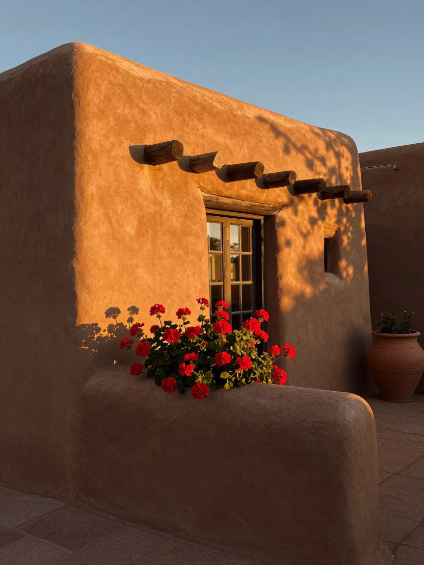 Honeyed Evening Light on Patio Garden in Santa Fe in in Santa Fe, New Mexico, United States