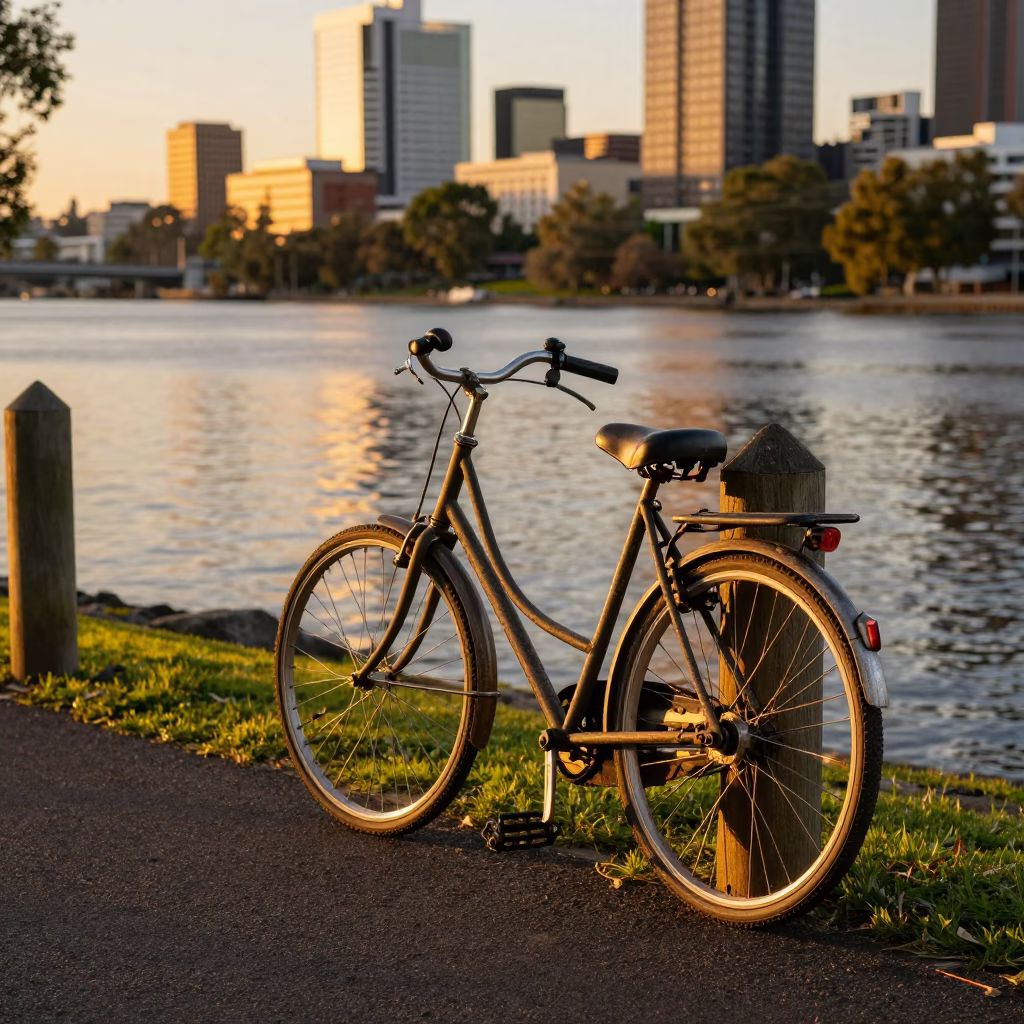Honeyed Evening Light on Perth Riverbank with Vintage Bicycle and Cooler in in Perth, Western Australia, Australia