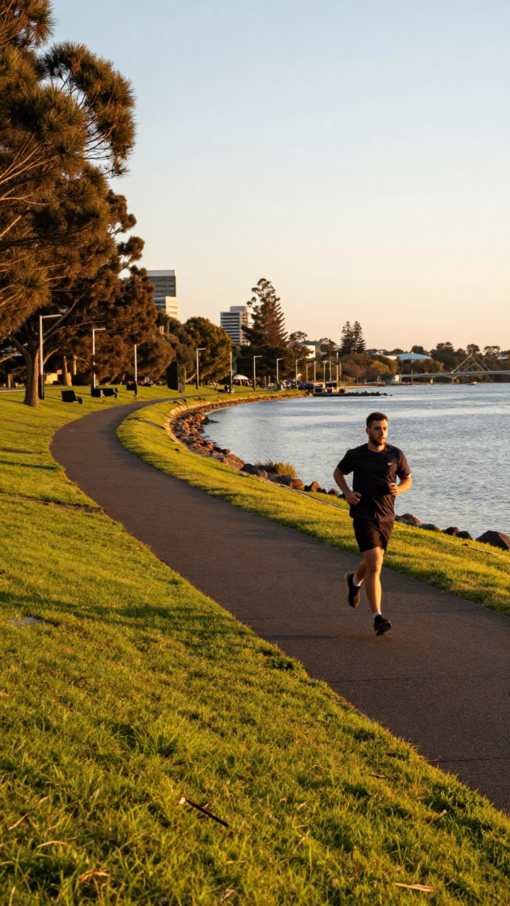 Honeyed Evening Light on Perth Riverfront with Parklife and City Skyline in in Perth, Western Australia, Australia