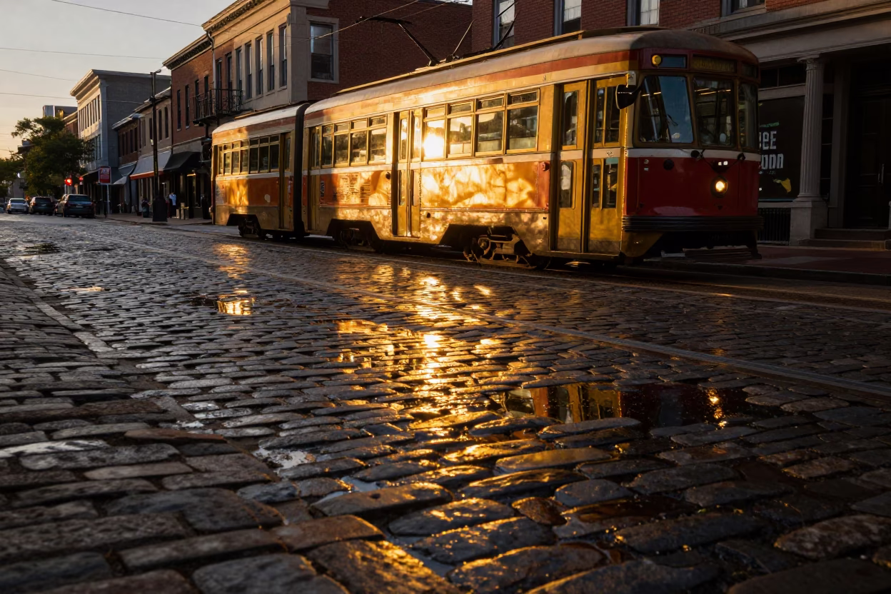Honeyed Evening Light on Philadelphia Cobblestones with Tram Reflections in in Philadelphia, Pennsylvania, United States
