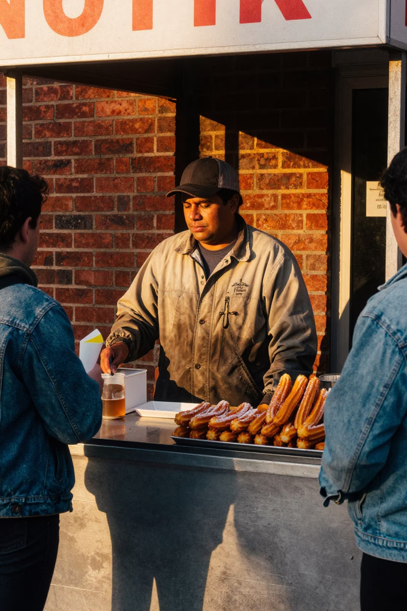 Honeyed Evening Light on Philadelphia Street Corner with Churros and Chocolate Sauce in in Philadelphia, Pennsylvania, United States