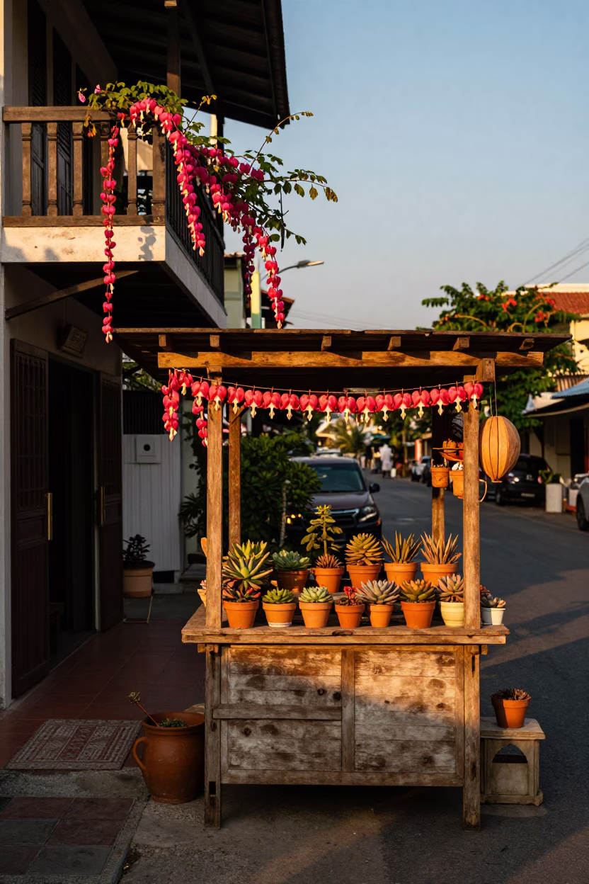Honeyed Evening Light on Phuket Street with Bleeding Heart Vine and Succulents in in Phuket, Thailand