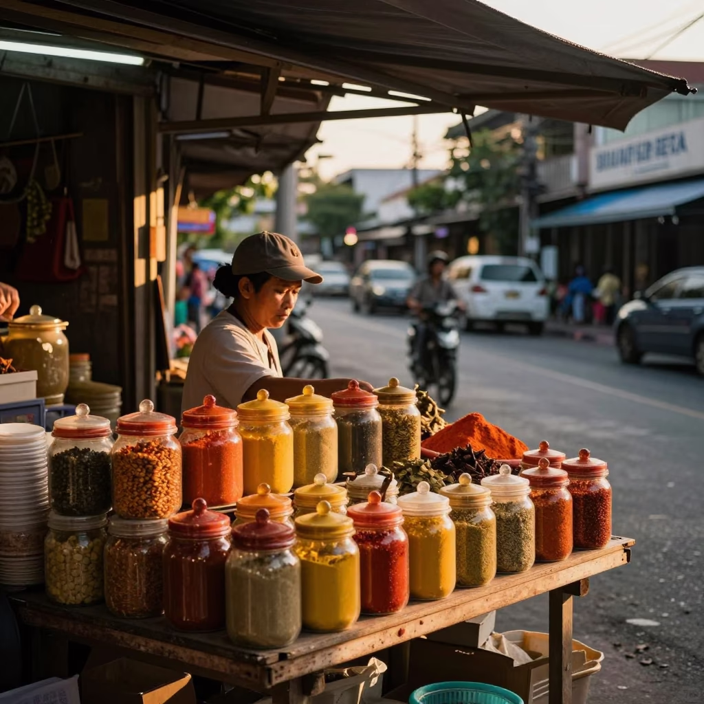 Honeyed Evening Light on Phuket Street with Spice Jars and Ceramic Pitcher in in Phuket, Thailand