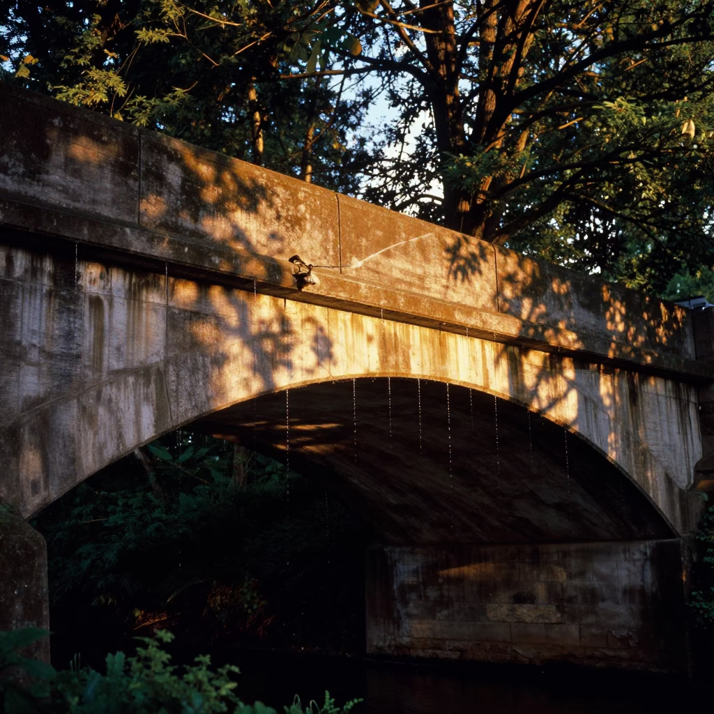 Honeyed Evening Light on Portland Viaduct Arch Undercroft Dripping Ferny Stone in in Portland, Oregon, United States