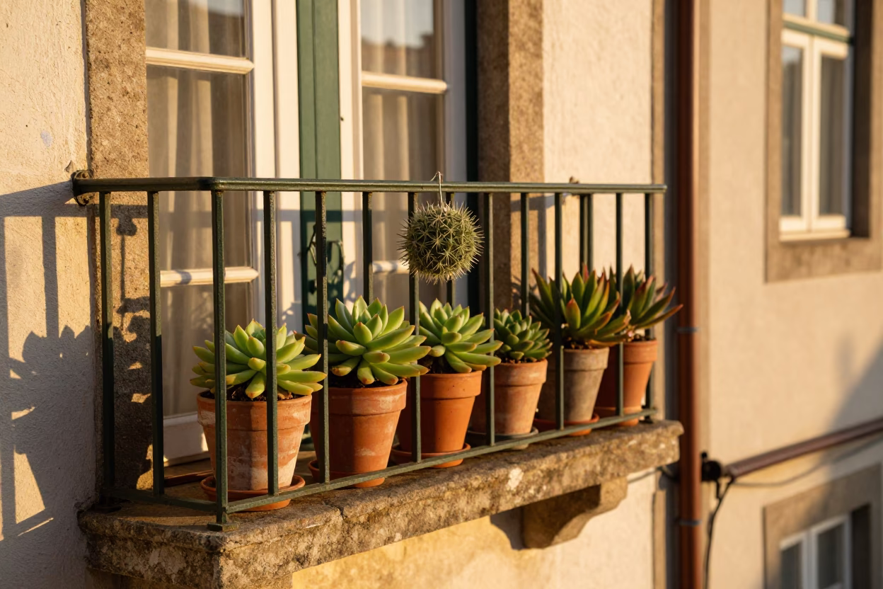 Honeyed Evening Light on Porto Balcony with Succulents and Hanging Air Plant in in Porto, Portugal