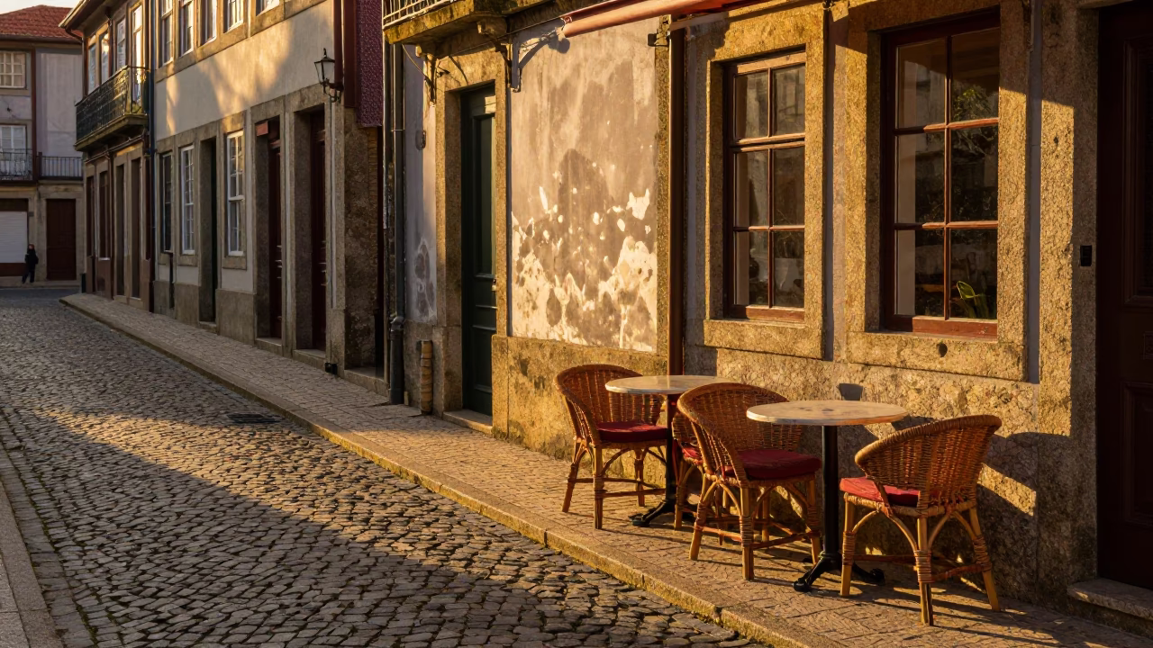 Honeyed Evening Light on Porto Portugal Cobblestone Street with Local Cafe and Vintage Details in in Porto, Portugal