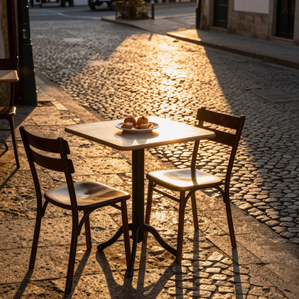 Honeyed Evening Light on Porto Portugal Cobblestones with Local Dining Scene in in Porto, Portugal