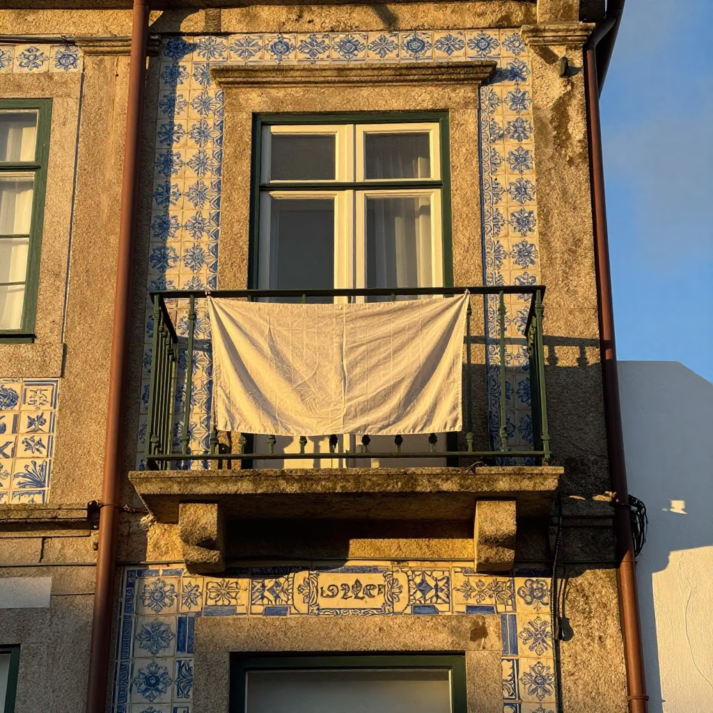 Honeyed Evening Light on Porto Stone Balcony with Linen Fringe and Ceramic Tea Canister in in Porto, Portugal