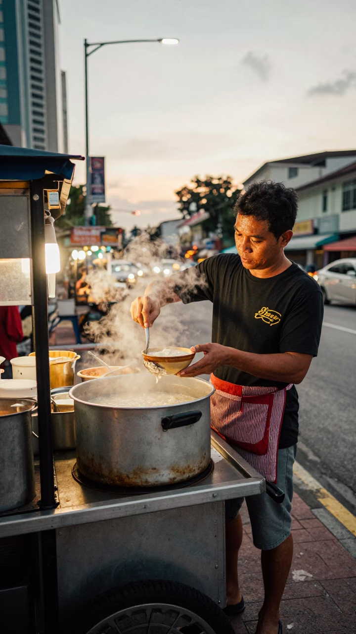 Honeyed Evening Light on Preparing Congee in Kuala Lumpur in in Kuala Lumpur, Malaysia