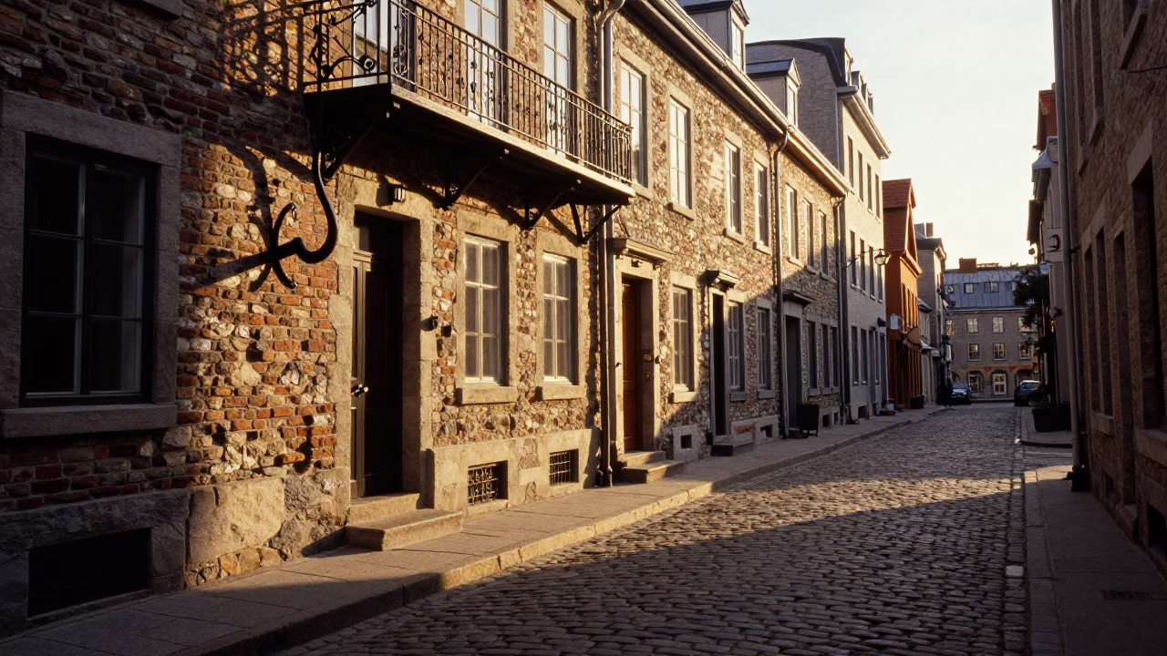 Honeyed Evening Light on Quebec City Cobblestone Street with Iron Hook and Umbrella Stand in in Quebec City, Quebec, Canada
