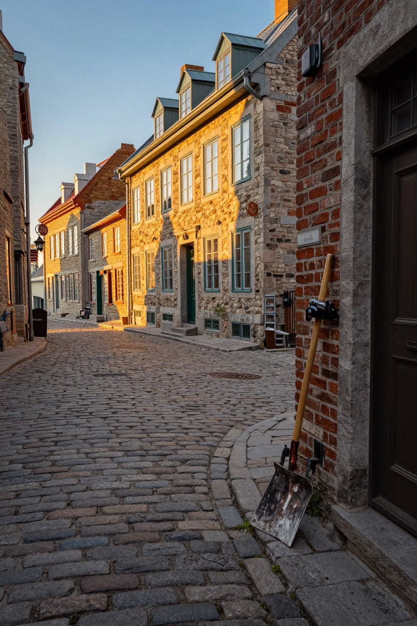 Honeyed Evening Light on Quebec City Cobblestones with Vintage Camera and Ash Shovel in in Quebec City, Quebec, Canada