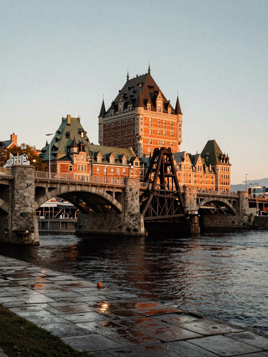 Honeyed Evening Light on Quebec City Stone Bridges and Tidal Channel in in Quebec City, Quebec, Canada