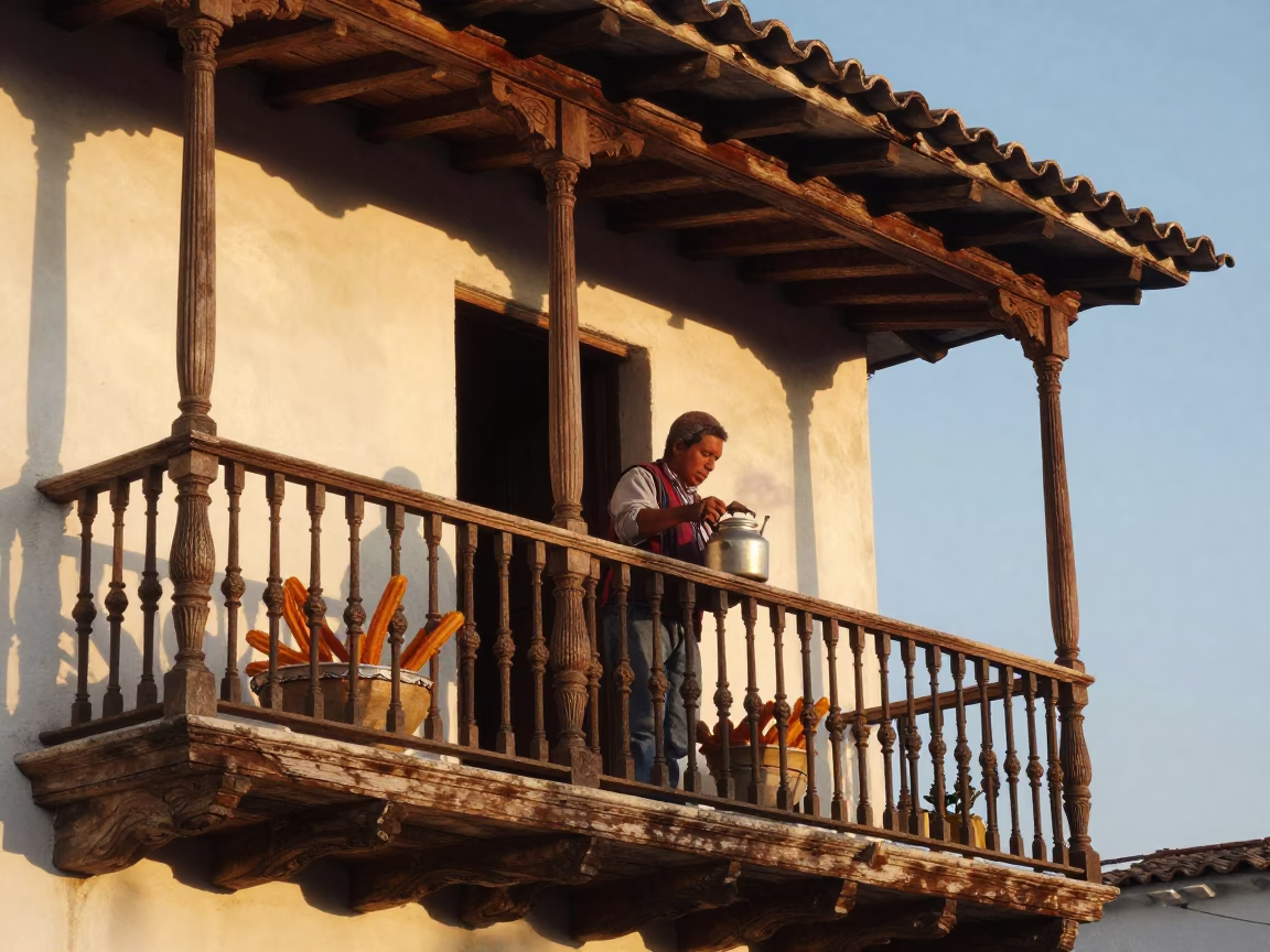 Honeyed Evening Light on Quito Colonial Balcony with Kettle and Churros in in Quito, Ecuador