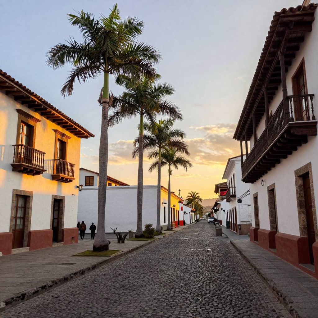 Honeyed Evening Light on Quito Colonial Street with Palm Trees and Local Market Scene in in Quito, Ecuador
