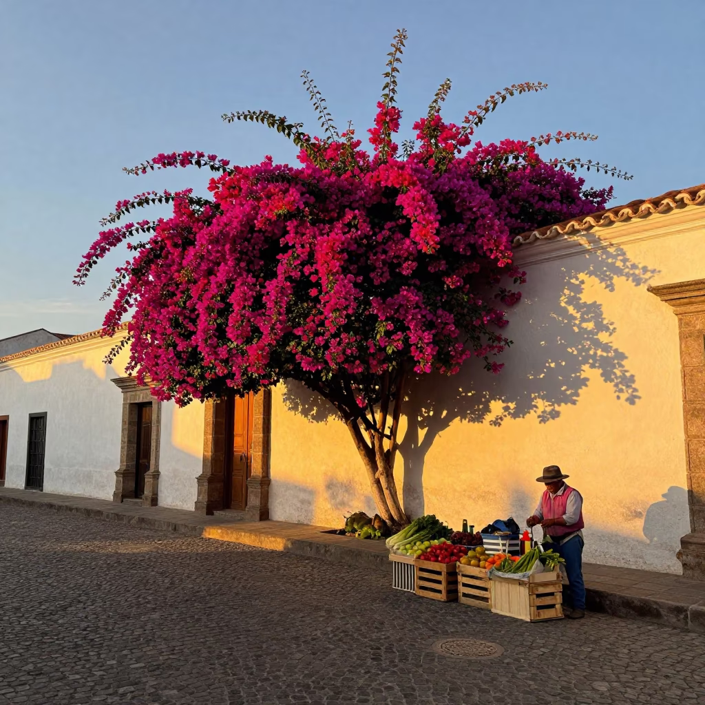 Honeyed Evening Light on Quito Street with Bougainvillea and Local Market Scene in in Quito, Ecuador