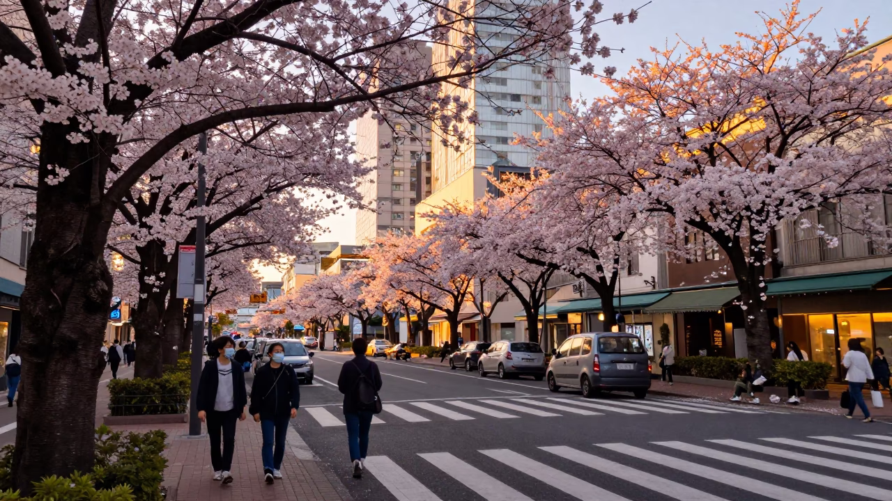 Honeyed Evening Light on Sapporo Street with Cherry Blossoms and Traditional Lanterns in in Sapporo, Japan
