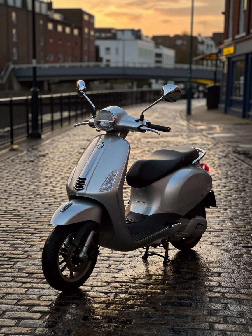 Honeyed Evening Light on Scooter Parked in Bristol in in Bristol, United Kingdom