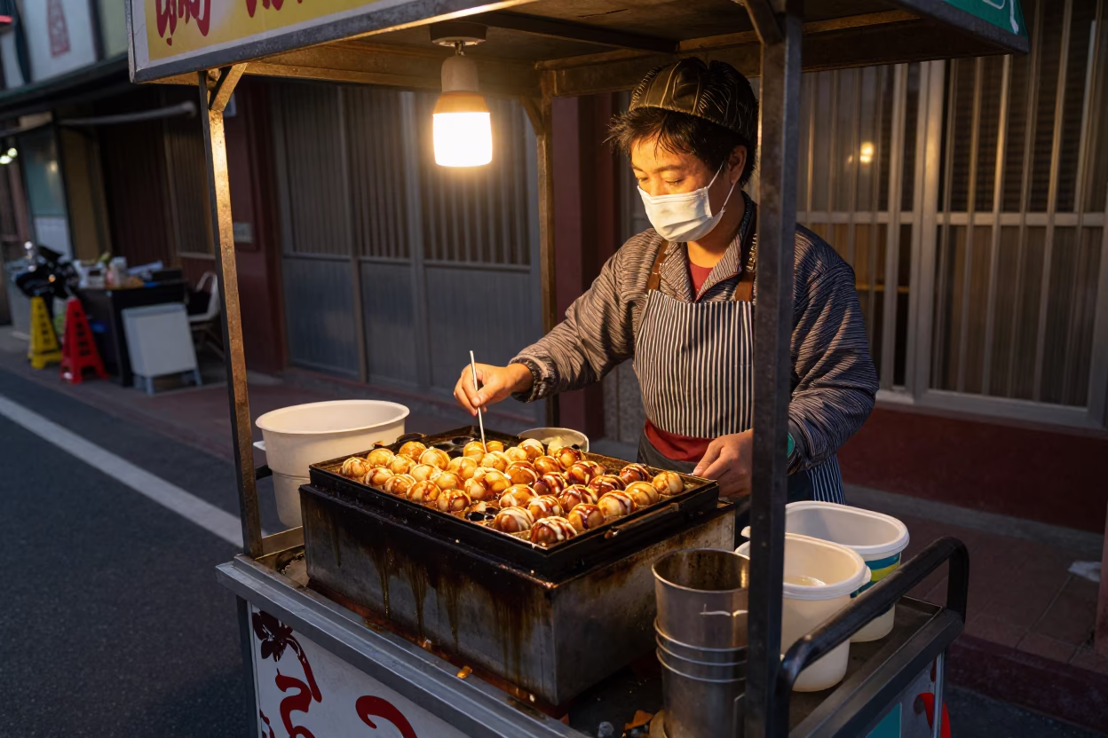 Honeyed Evening Light on Selling Takoyaki in Tainan in in Tainan, Taiwan