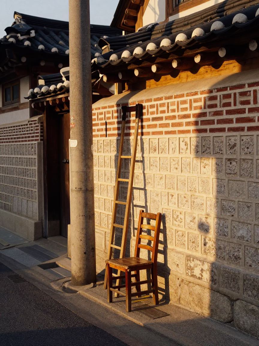 Honeyed Evening Light on Seoul Street Corner with Ladder-Back Chair and Flowering Plant in in Seoul, South Korea