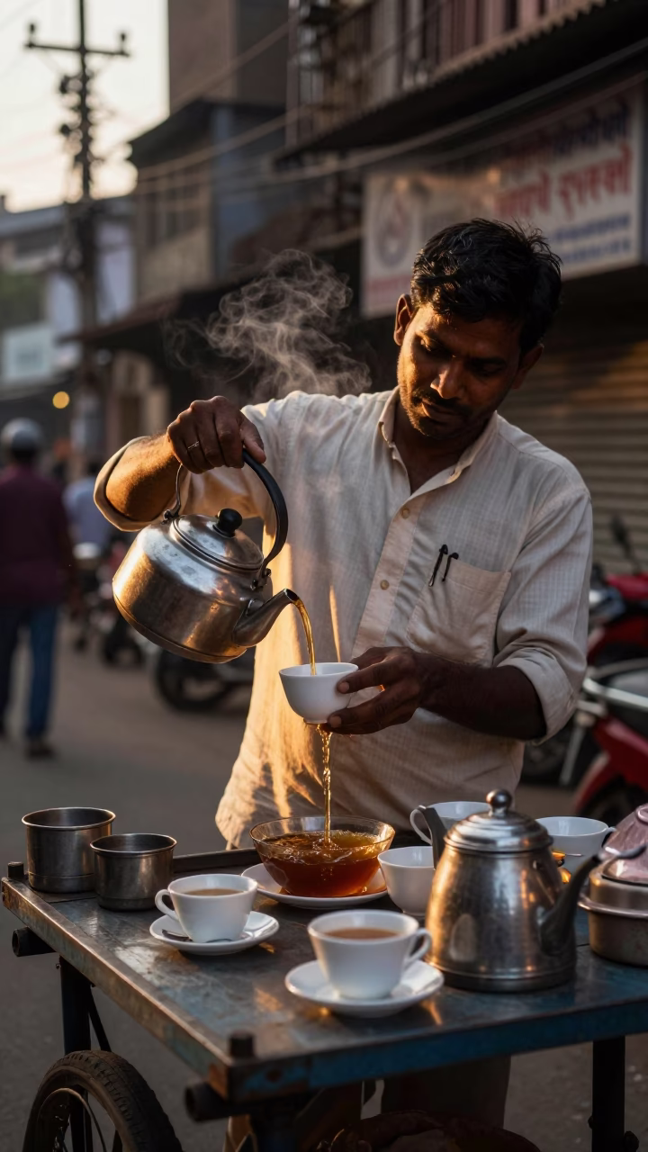 Honeyed Evening Light on Serving Tea in Mumbai in in Mumbai, India