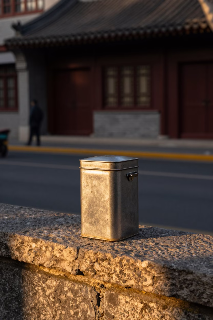 Honeyed Evening Light on Shanghai Street with Coffee Tin and Hinge Details in in Shanghai, China