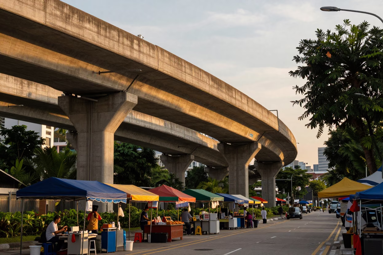 Honeyed Evening Light on Singapore Concrete Viaduct and Urban Street Life in in Singapore, Singapore
