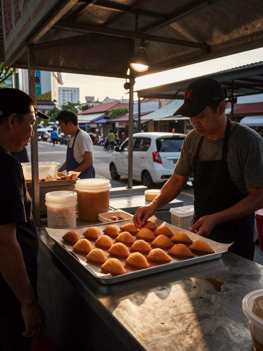 Honeyed Evening Light on Singapore Street Food Stall with Mango Lassi and Madeleines in in Singapore, Singapore
