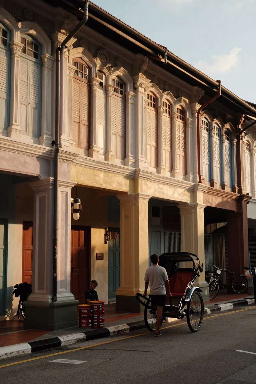 Honeyed Evening Light on Singapore Street with Tiffin Tin and Rickshaw in 1970s Realism in in Singapore, Singapore