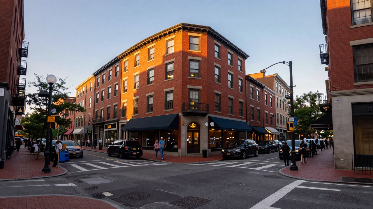 Honeyed Evening Light on Street Corner in Boston in in Boston, Massachusetts, United States