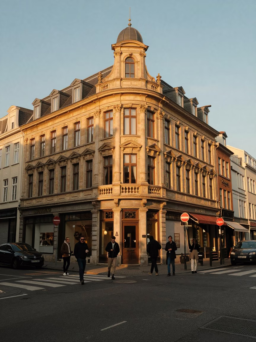 Honeyed Evening Light on Street Corner in Brussels in in Brussels, Belgium