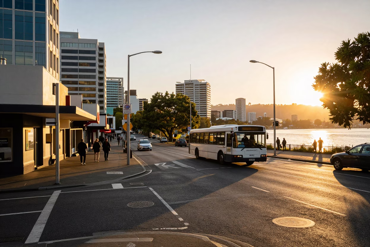 Honeyed Evening Light on Street Corner in Hobart in in Hobart, Tasmania, Australia