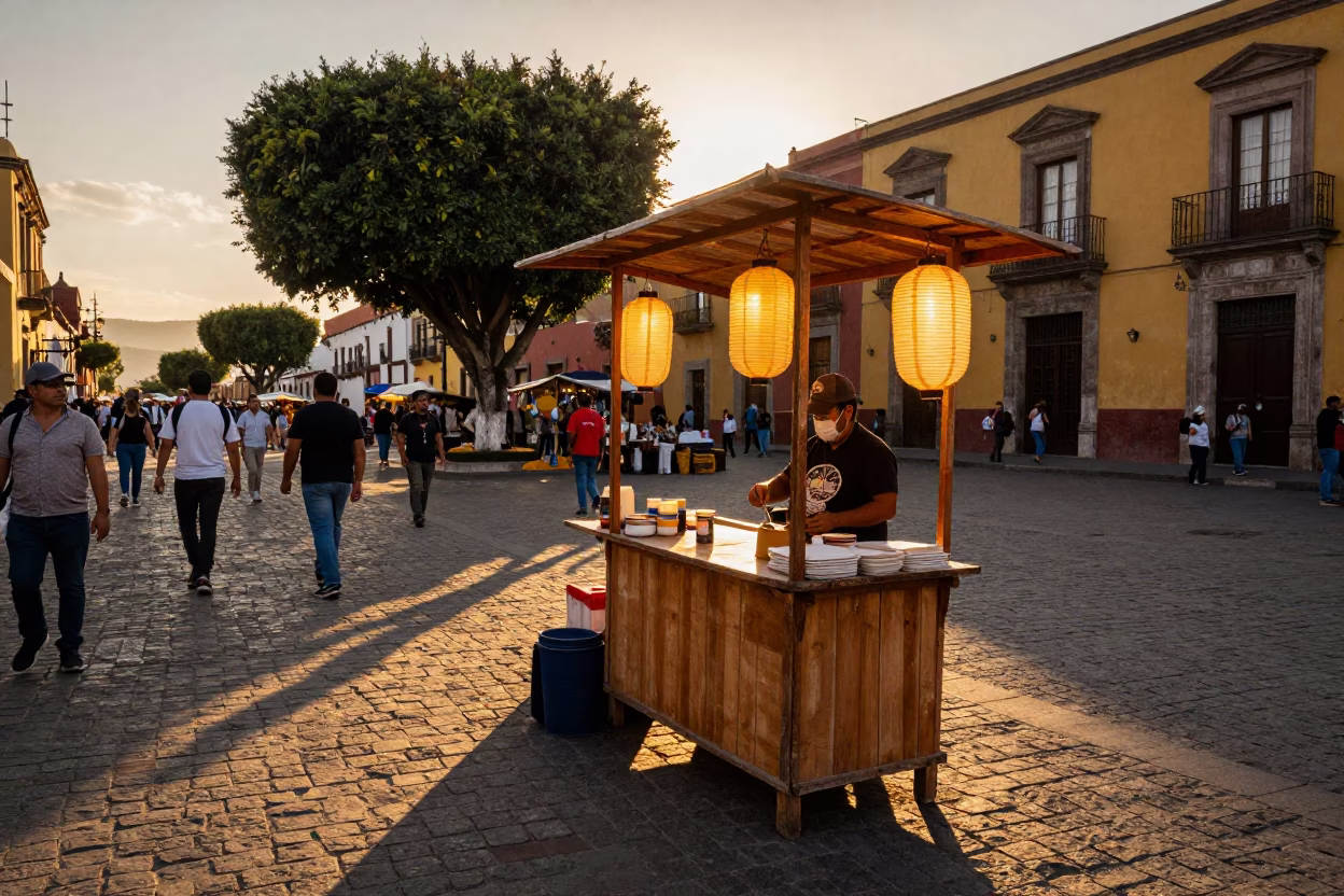 Honeyed Evening Light on Street Market in Mexico City in in Mexico City, Mexico
