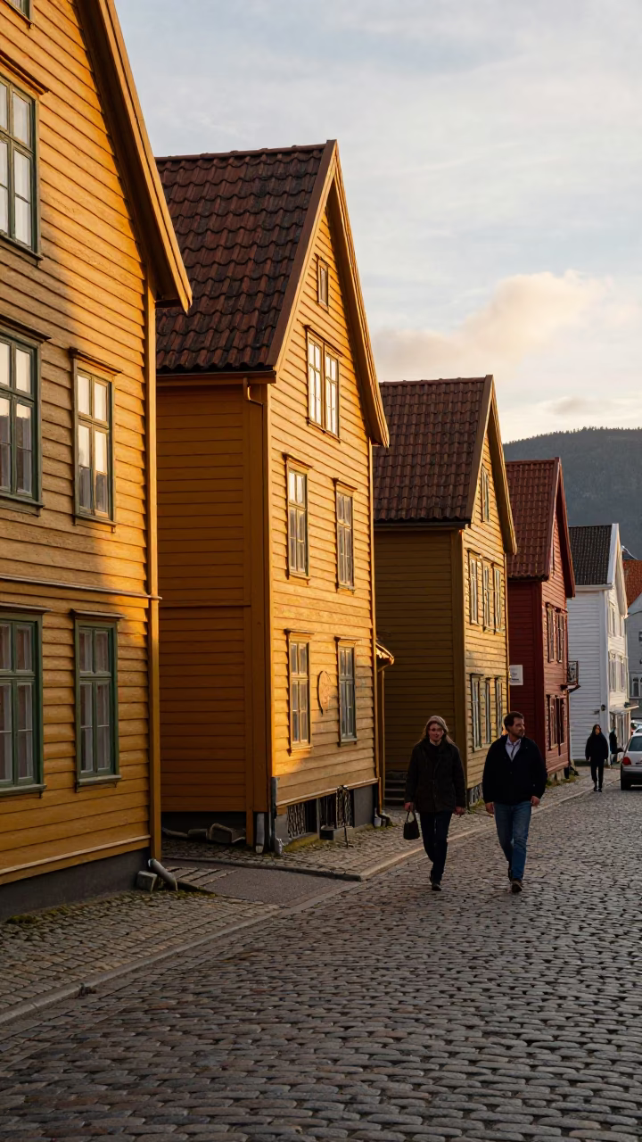Honeyed Evening Light on Street Scene in Bergen in in Bergen, Norway