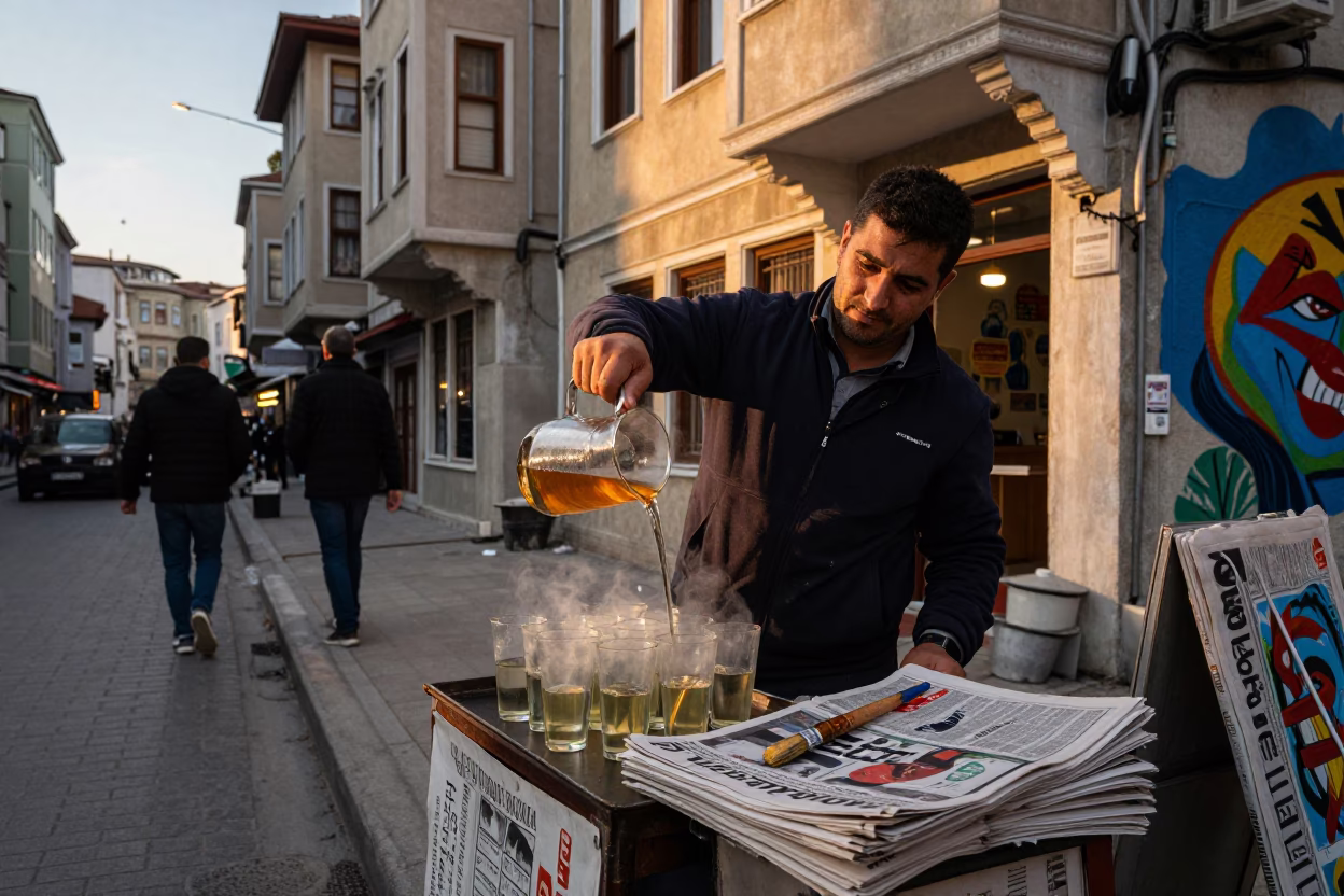 Honeyed Evening Light on Street Scene in Istanbul in in Istanbul, Turkey
