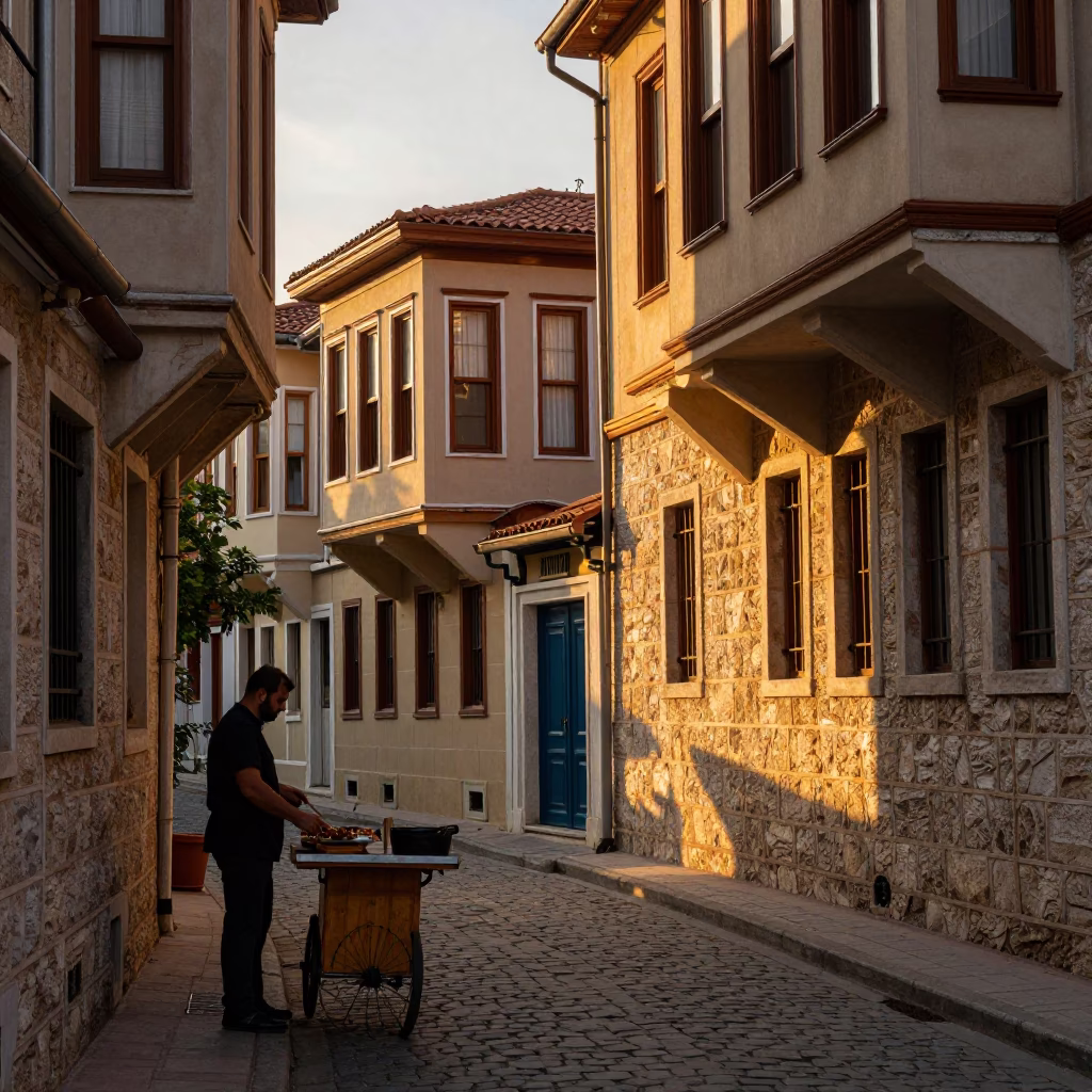 Honeyed Evening Light on Street Scene in Istanbul in in Istanbul, Turkey
