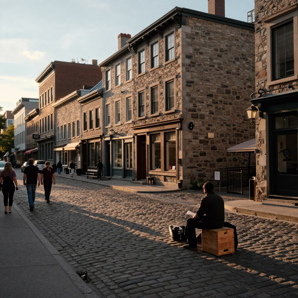 Honeyed Evening Light on Street Scene in Montreal in in Montreal, Quebec, Canada