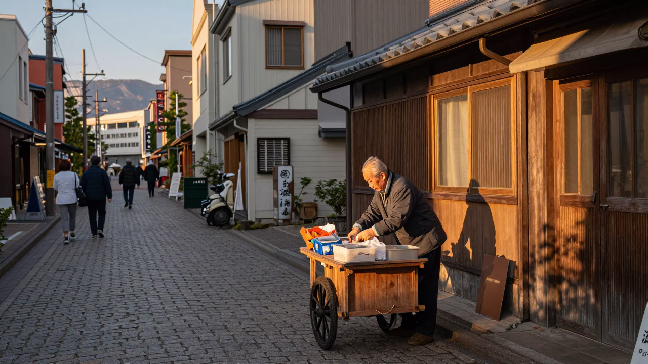 Honeyed Evening Light on Street Scene in Sapporo in in Sapporo, Japan
