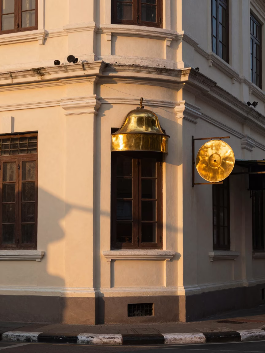 Honeyed Evening Light on Surabaya Street Corner with Brass Fixture and Local Interaction in in Surabaya, Indonesia