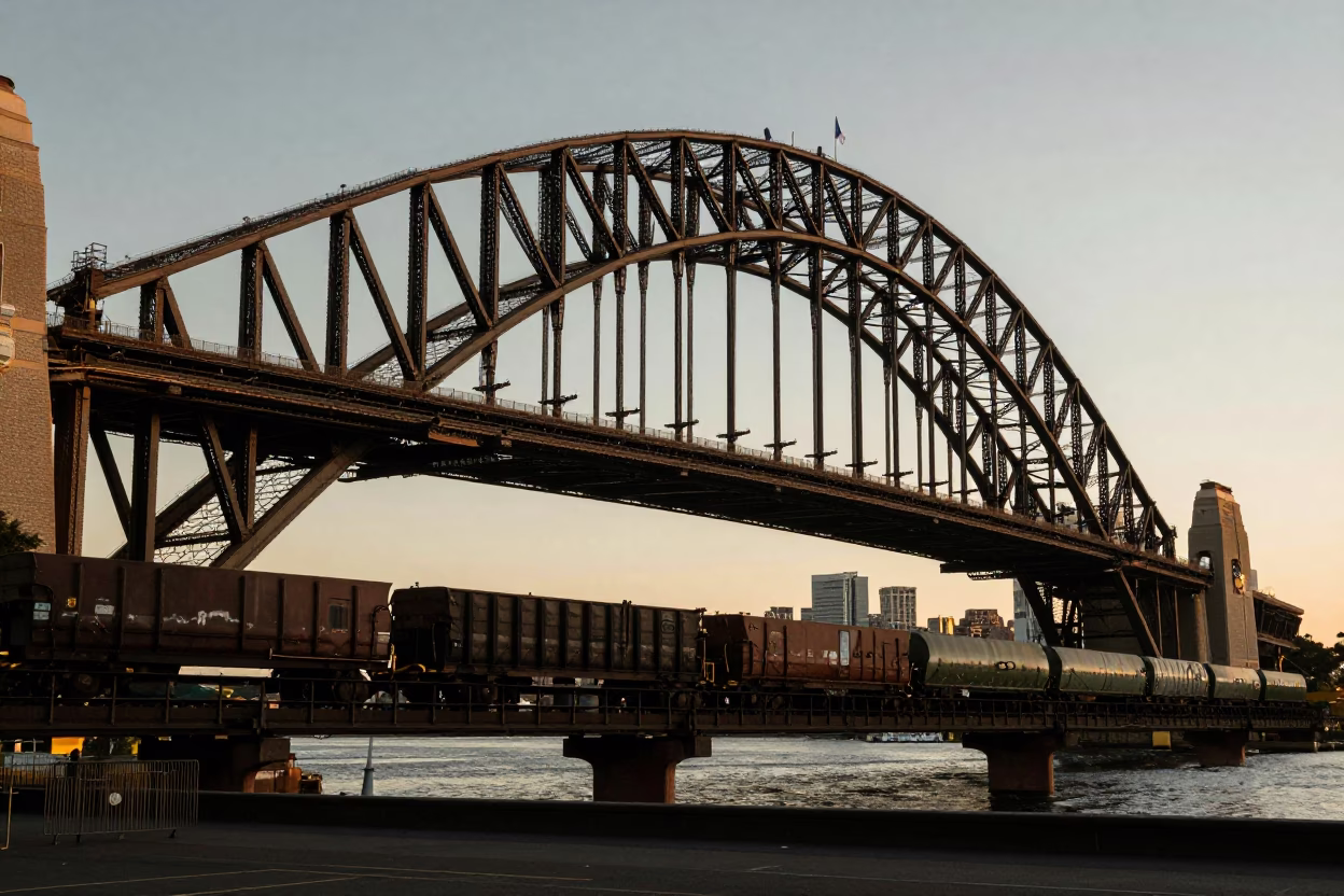 Honeyed Evening Light on Sydney Harbour Bridge with Railway Viaduct and Passing Train in in Sydney, New South Wales, Australia