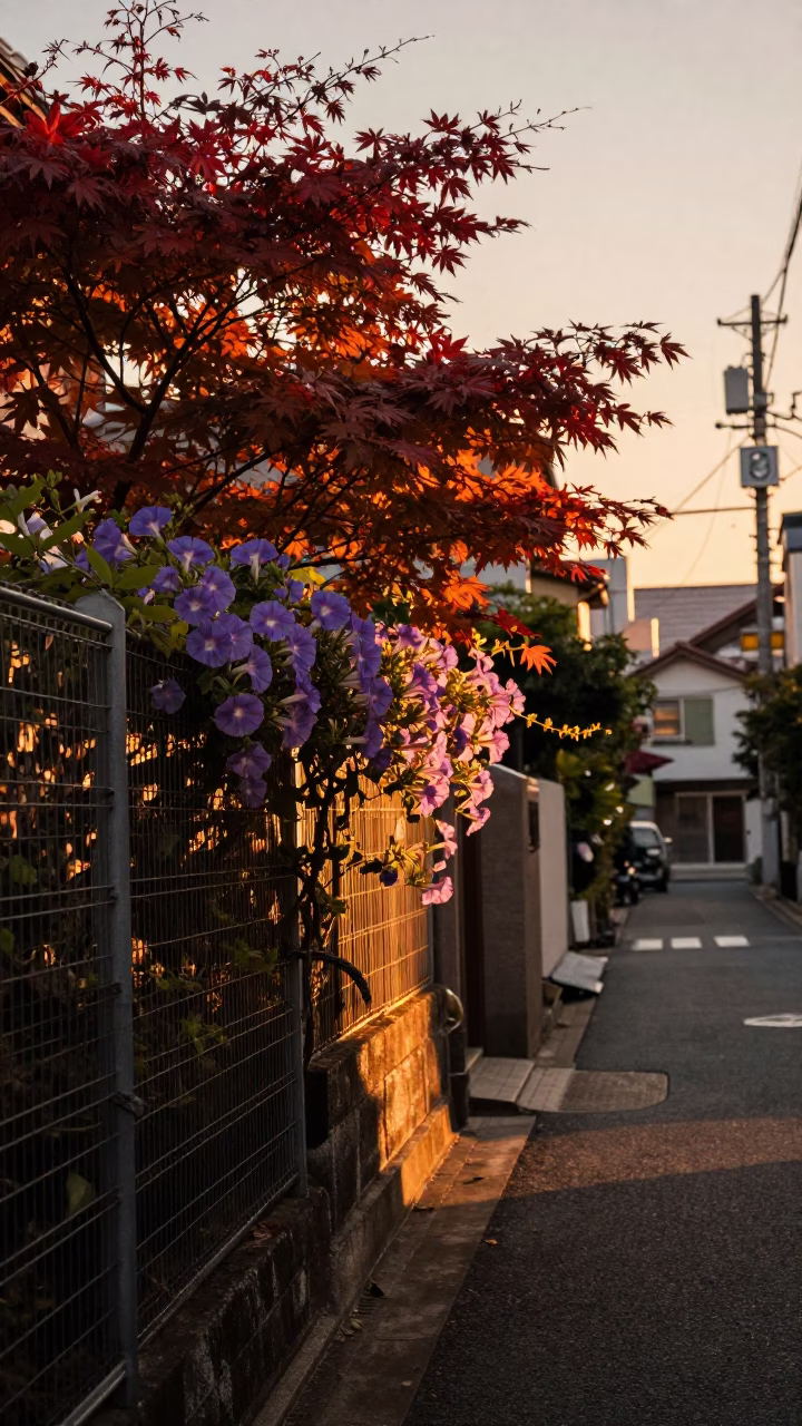 Honeyed Evening Light on Tokyo Street with Japanese Maple and Morning Glory in in Tokyo, Japan