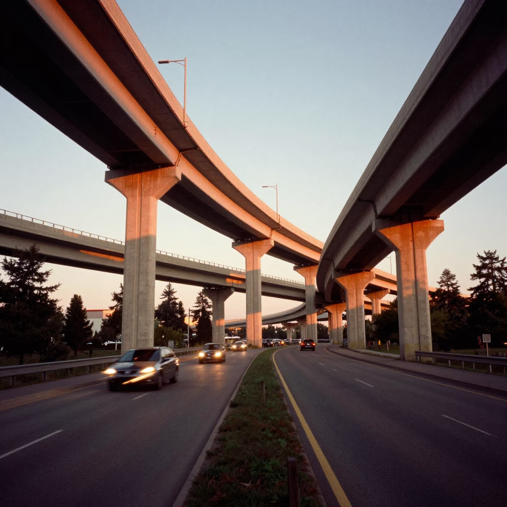 Honeyed Evening Light on Toronto Overpass Interchange Lane Split with Taillight Streaks in in Toronto, Ontario, Canada