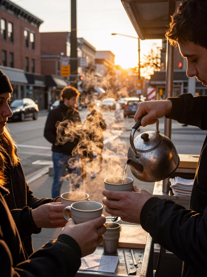 Honeyed Evening Light on Toronto Street Corner with Ceramic Mugs and Condensation in in Toronto, Ontario, Canada