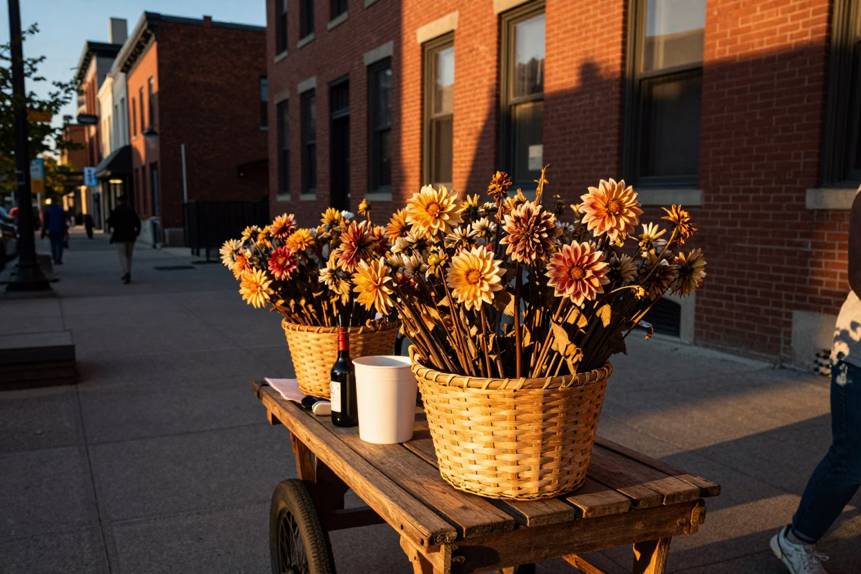 Honeyed Evening Light on Toronto Street with Dried Flowers and Vintage Basket in in Toronto, Ontario, Canada